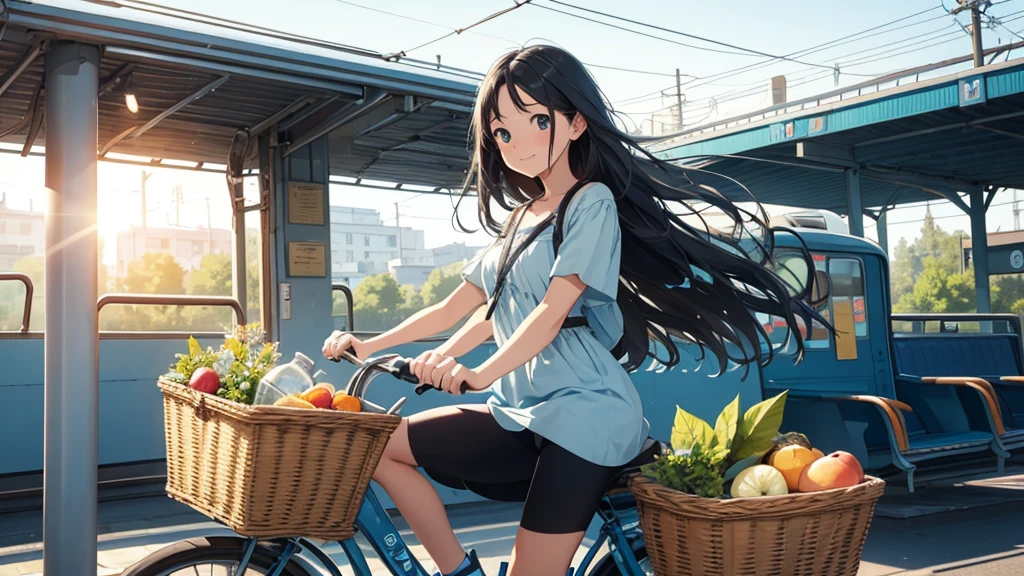 a pretty girl riding a light blue bicycle on a quiet morning, long black hair, delicate features, passing by a train station, basket with a book and water bottle, peaceful morning sunlight with a lovely smiley face
