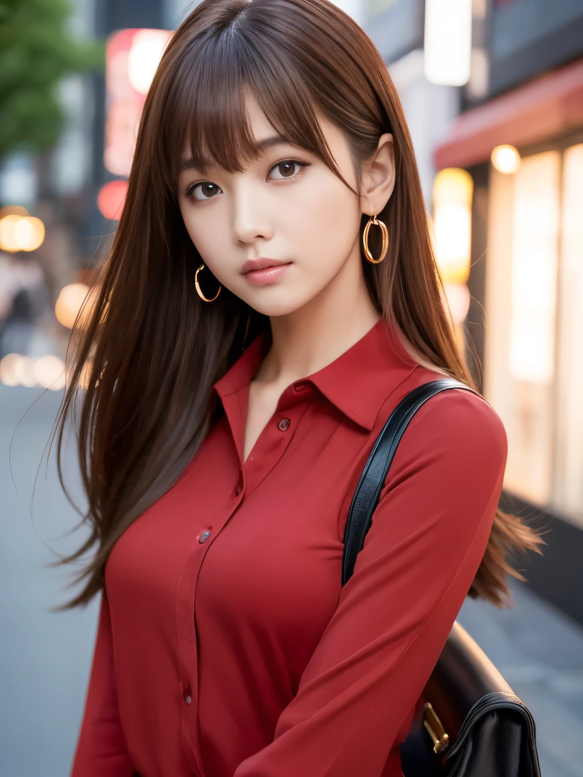 Ultra-high resolution, Superior Quality, Highest quality, Super detailed, Realistic, 8K, RAW Photos, Highest quality, masterpiece, Attractive girl, A wonderful girl, Brown Hair, Shoulder-length layered, Asymmetrical bangs, Medium build, K-Pop Idols, Sophisticated, stylish, Red Shirt,Shibuya Ward, 