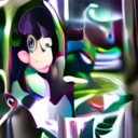 Woman looking at the rainy view from the library window:1.8、Heavy rain outside the window.。A little melancholy look。Shower rain。holding a book in hand:1.5。White jacket、Long black hair