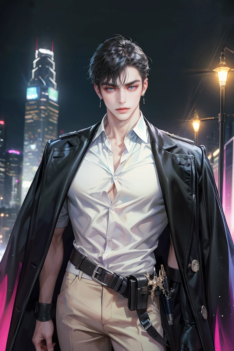 (absurdres, highres, ultra detailed, original character, HDR), 1 russian boy, solo, adult, handsome, ((tall muscular guy, broad shoulders)), finely detailed eyes, (black hair), hair between eyes, turquoise eyes, holographic, futuristic, casual and sexy outfit, black coat, gun holster, (body tight white shirt), (large man breasts), ((wearing an earring)), cowboy shot, dutch angle, face focused, tower walled city scenery, dystopian hong kong city, skyscrapers, Cyan, Magenta, long face, closed mouth, looking at viewer, depth of field, bokeh
