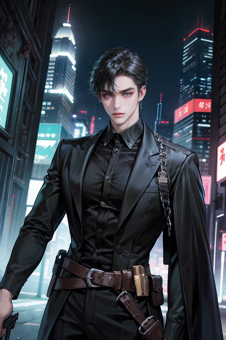 (absurdres, highres, ultra detailed, original character, HDR), 1 russian boy, solo, adult, handsome, ((tall muscular guy, broad shoulders)), finely detailed eyes, (black hair), hair between eyes, turquoise eyes, holographic, futuristic, casual and sexy outfit, black coat, gun holster, (body tight white shirt), (large man breasts), ((wearing an earring)), cowboy shot, dutch angle, face focused, tower walled city scenery, dystopian hong kong city, skyscrapers, Cyan, Magenta, long face, closed mouth, looking at viewer, depth of field, bokeh
