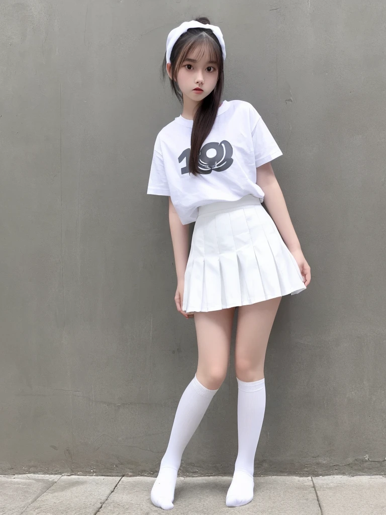 A woman wearing white knee-high socks、White T-shirt、White mini skirt、Japanese、Standing posture、The whole body is in it、Highest quality、Looking this way、15 years old