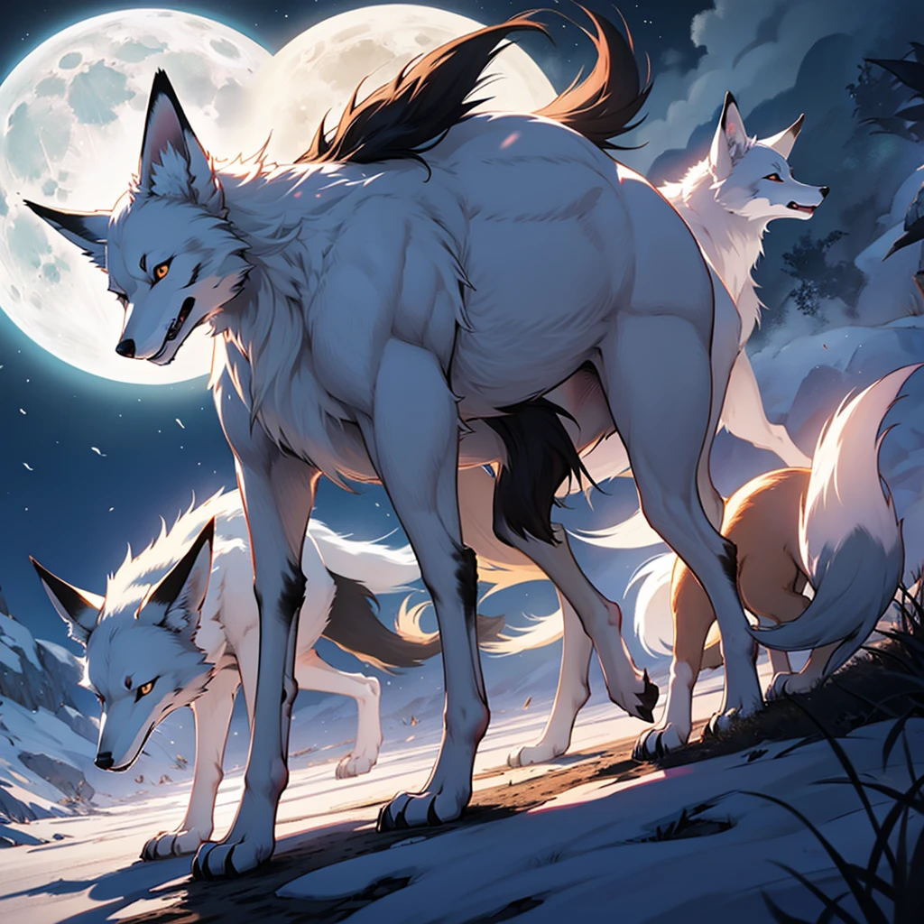 Moonlit night, A white fox with nine tails runs, Active fox behavior, angry fox