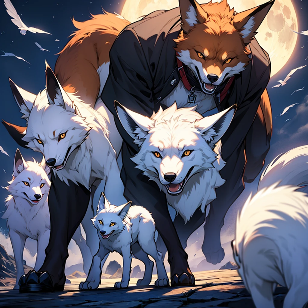Moonlit night, A white fox with nine tails runs, Active fox behavior, angry fox