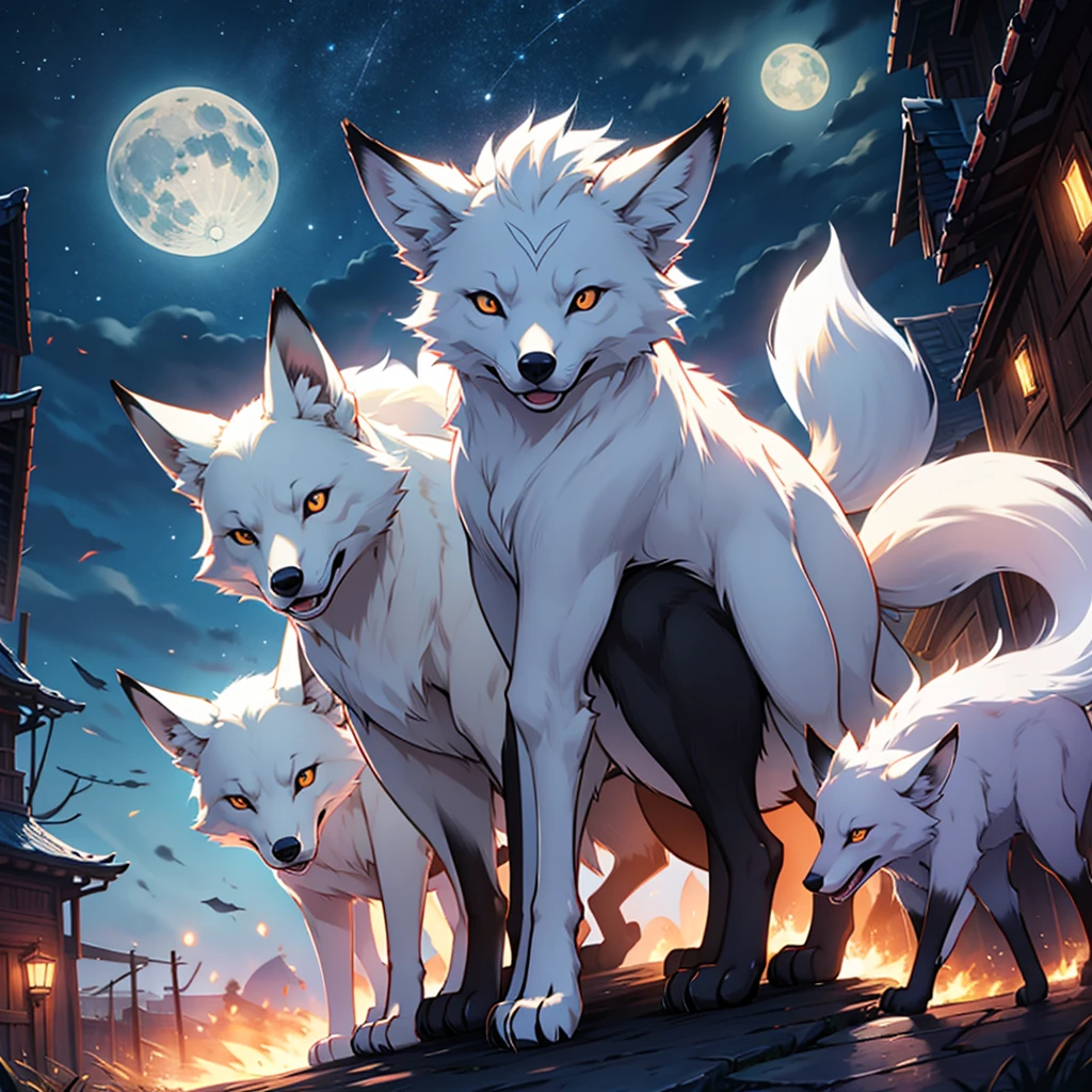 Moonlit night, A white fox with nine tails runs, Active fox behavior, angry fox