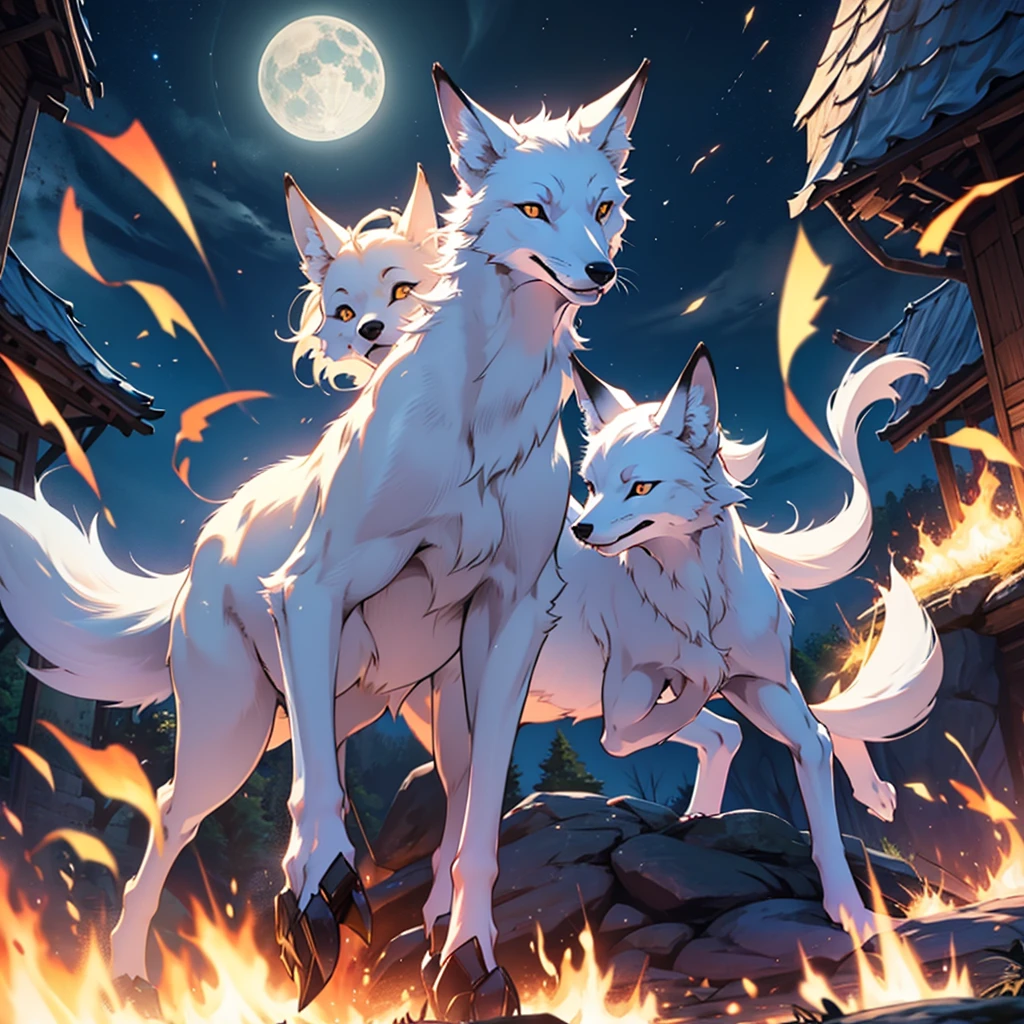 Moonlit night, A white fox with nine tails runs, Active fox behavior, angry fox