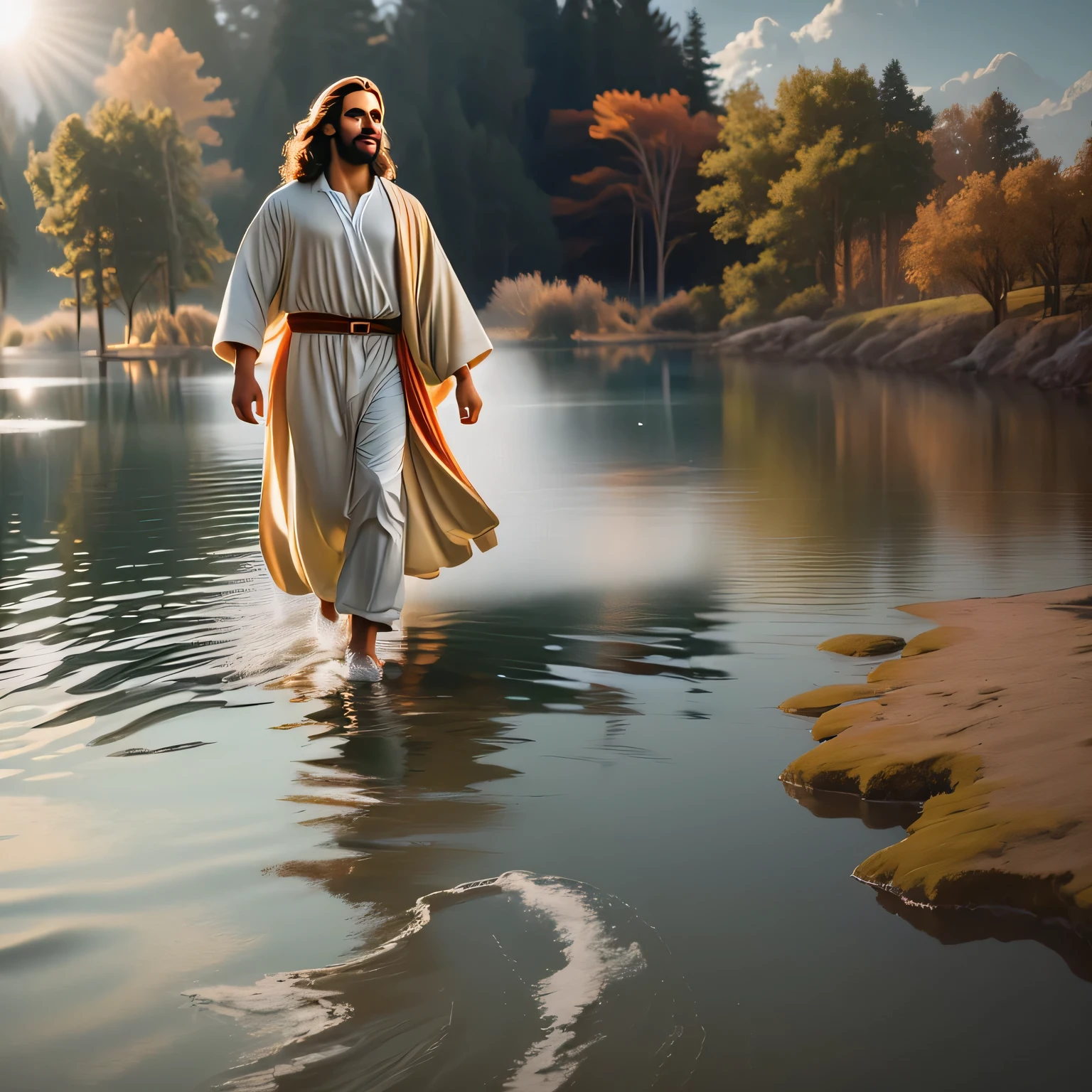 trimmed man walking in water in bathrobe and bathrobe, jesus Walk on water, JesusChrist, dressed like JesusChrist, jesus, greg olsen, Walk on water, the lord and savior, she is walking on a river, portrait of JesusChrist, Young God Almighty, handsome man, brilliant light masterpiece, by Jason Felix, Segunda vinda, wearing flowing robes