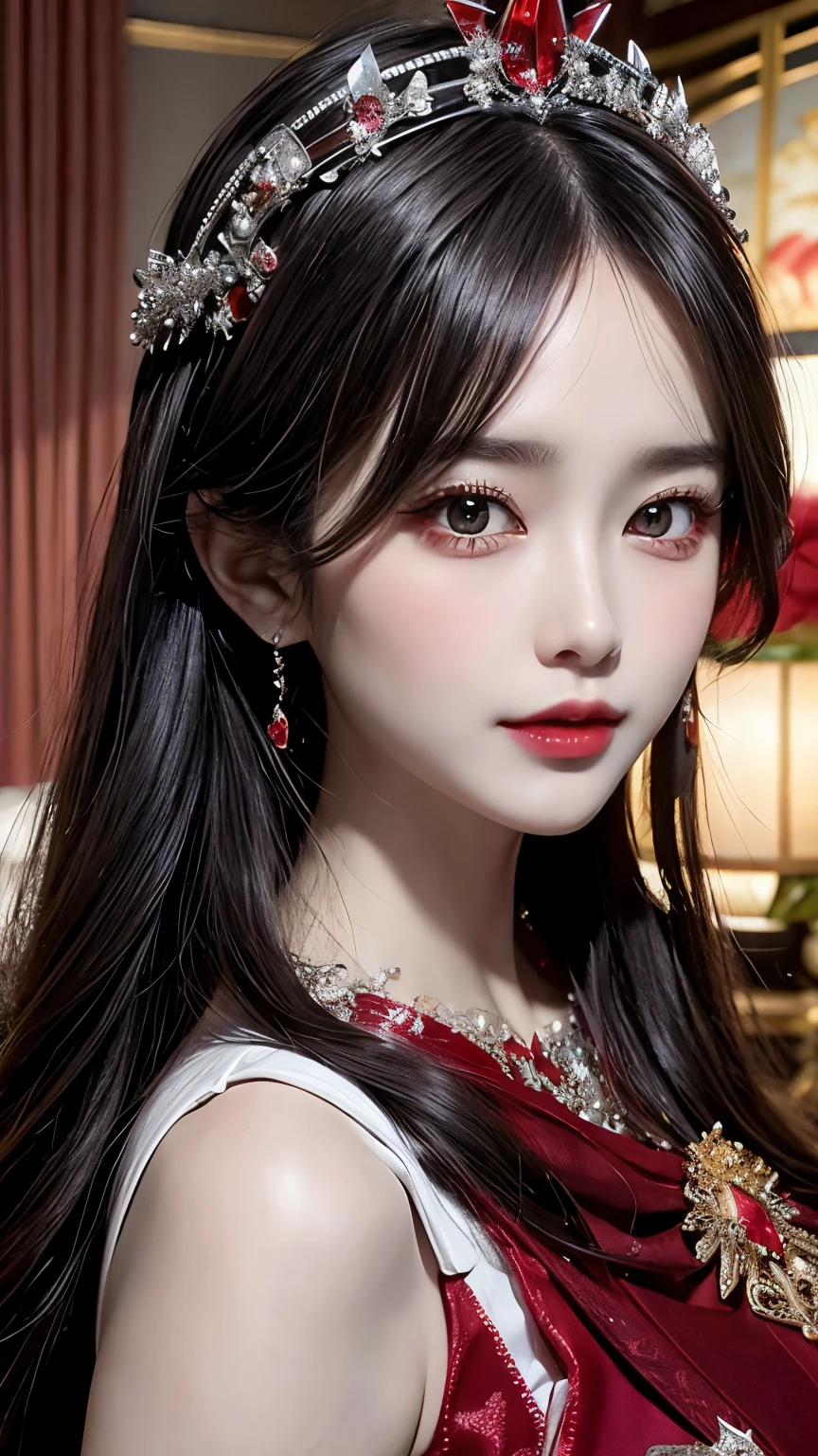 tmasterpiece,Highest high resolution,((magic orb)),Dynamic bust of beautiful aristocratic maiden,Black hair elegantly coiled,((Wearing a huge red crown)),veils,Purple clear eyes,The hair is covered with beautiful and delicate floral craftsmanship, Crystal jewelry filigree,Ultra-detailed details,upscaled, face focus,