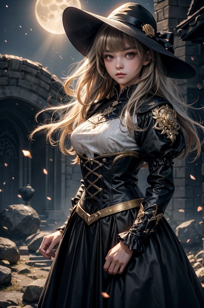1 girl, expressionless, Japanese face, , cute girl, have one's hair cut in a row and Hide your forehead with bangs and hairstyle with the bangs cut in half and Beautiful straight light gray long hair, beautiful yellow and golden eyes, thin body, No muscles, Roses and Camellia, Moonlight and Castle, wizard, Big magic wand, gothic skirt, magical girl, little Medieval Dress, Princess Dresses, Big black hat, light particles, light sparkles, lens flare, Light particles, Magic light, strong light