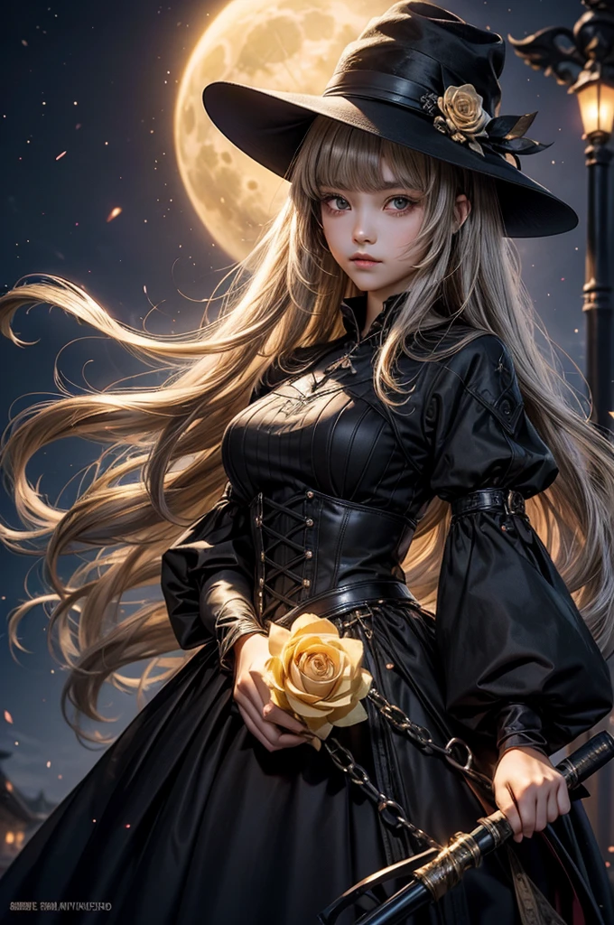 1 girl, expressionless, Japanese face, 16 years old, cute girl, have one's hair cut in a row and Hide your forehead with bangs and hairstyle with the bangs cut in half and Beautiful straight light gray long hair, beautiful yellow and golden eyes, thin body, No muscles, Roses and Camellia, Moonlight and Castle, wizard, Big magic wand, gothic skirt, magical girl, little Medieval Dress, Princess Dresses, Big black hat, light particles, light sparkles, lens flare, Light particles, Magic light, strong light