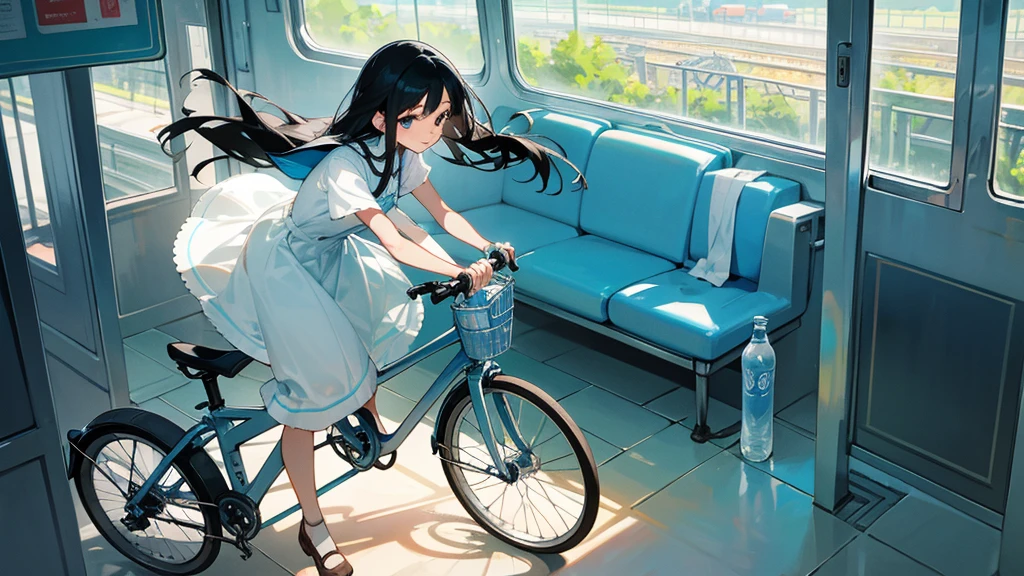 a pretty girl riding a light blue bicycle on a quiet morning, long black hair, delicate features, passing by a train station, basket with a book and water bottle, peaceful morning sunlight with a lovely smiley face