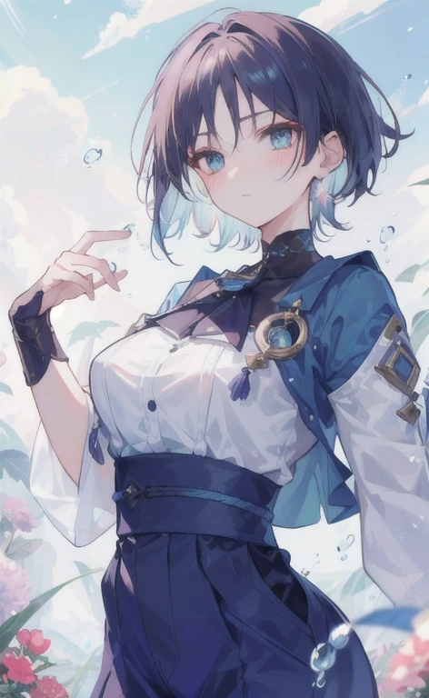 (masterpiece), (best quality), (Extremely detailed), (Wanderer), Looking forward, Looking at the audience, Upper Body, blush, Flowers, Flowing colors, partly cloudy, Big breasts, short hair, Hip cut-out jumpsuit, Blue bow, bubble