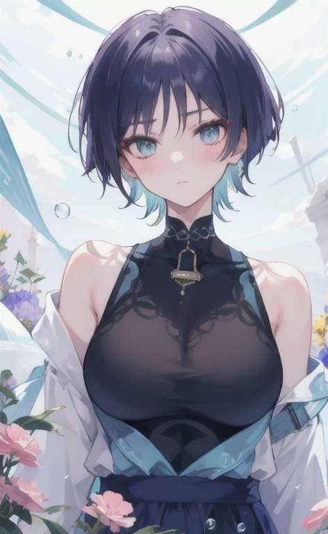 (masterpiece), (best quality), (Extremely detailed), (Wanderer), Looking forward, Looking at the audience, Upper Body, blush, Flowers, Flowing colors, partly cloudy, Big breasts, short hair, Hip cut-out jumpsuit, Blue bow, bubble