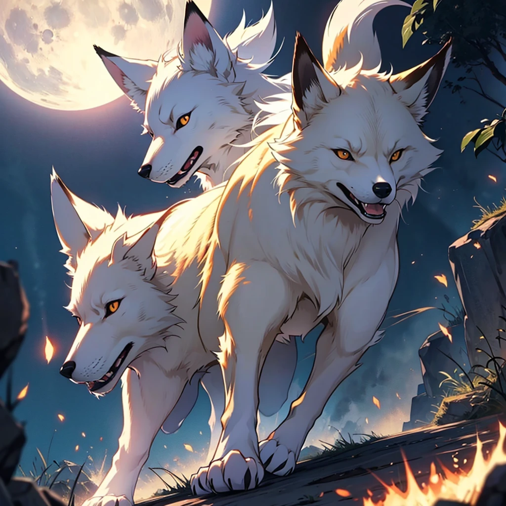 Moonlit night, A white fox with nine tails runs, Active fox behavior, angry fox