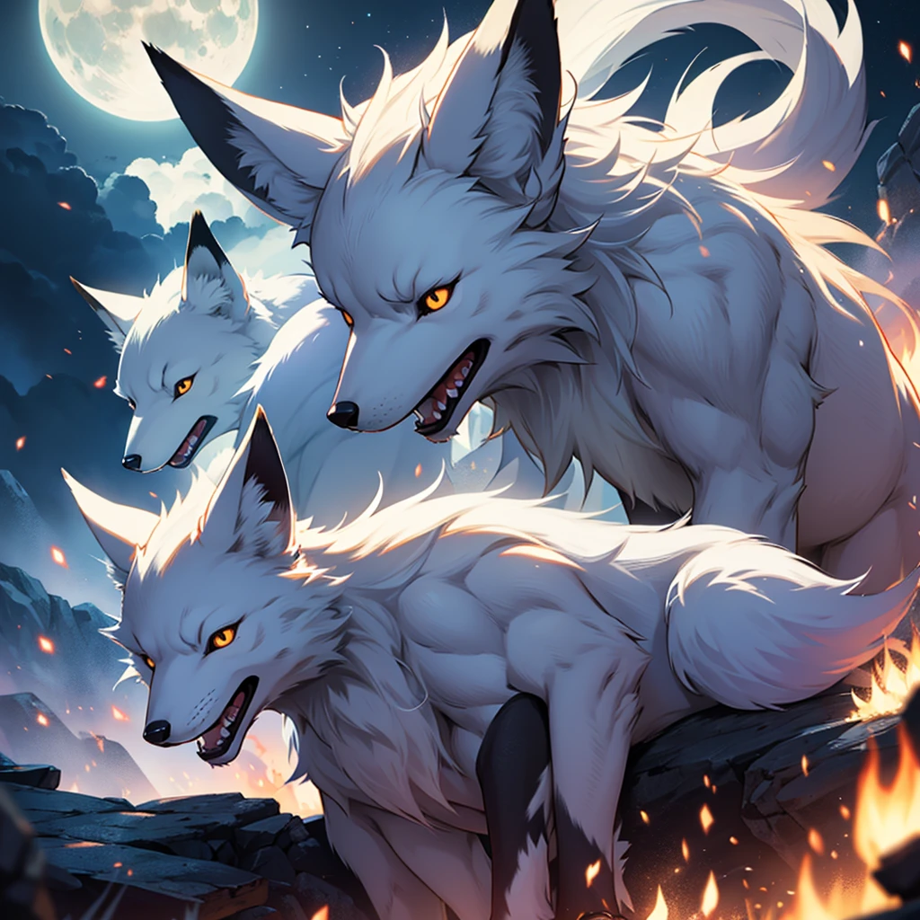 Moonlit night, A white fox with nine tails runs, Active fox behavior, angry fox