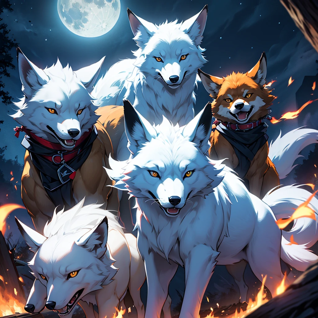 Moonlit night, A white fox with nine tails runs, Active fox behavior, angry fox