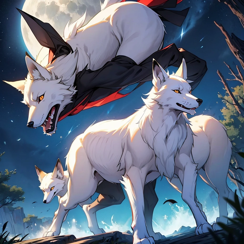Moonlit night, A white fox with nine tails runs, Active fox behavior, angry fox