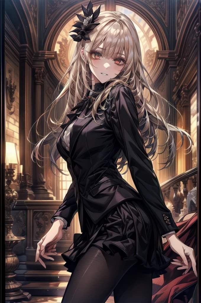 ((Highest quality)), ((masterpiece)), (detailed), (Character Focus、breast focus), (One Girl: 1.5)、4K、((左右対称のface立ち)), Anime 2D Rendering, Realistic young anime woman,
完璧なface, (アニメのeye:1.2、Beautiful details、輝くeye), Beautiful body, Beautiful thighs, Beautiful legs, (美しい白いskin:1.5)、Perfect round ass、 Slightly larger breasts、20-year-old、
blonde、(風通しの良いLong Hair、Both sides up)、濃い青いeye、
(((Three-piece suit))), (White Collar Dress Shirt), black suit vest:1.4, (((Suit jacket)))、(Black Shiny Pencil Miniskirt:1.4)、(Black Pantyhose:1.4)、(Black high heels)、
魅惑的な笑face、turn around、Crazy Smile, 狂ったeye, A cute and luxurious hair band,(masterpiece:1.2, Highest quality), (Actual Photos, Intricate details), Scary atmosphere、Distorted facial expressions、Horror Art、Bloodの雨、Bloodを流す、Bloodしぶき、悪魔のeye、redいeye、scar、、火scar、whole body、Torn hair of a woman dressed in slave clothing、(Long Hair)、(eyeにかかる長さの前髪)、Black Hair、(((eyeの下のクマ)))、青白いskin、Feeling unwell、Pathological、邪悪な笑face、狂ったeye、(Grin)Dramatic makeup,Create mixed media art、,Horror 1 Girl, Open_mouth, , red_eye, Blood, Tilt_red_skin, Injury, Blood_in addition_face, Bandaged_arm, Blood_in addition_zombie, Blood_in addition_hand , Open your eyelids wide, The trend is all, mouthを大きくOpen, mouthを開けてteethをむき出しにする,獣のような鋭いteeth, Wide lips, 非常に広いmouth, Vermilion cheeks, blonde, Princess Cut, Ribbon hair ornament, brooch, Otaku Room, Well-built body, Nice body, Ample breasts, Thick body,eyeを大きく開いて、Scary atmosphere、Distorted facial expressions、ねじれた笑face、Bloodまみれの、頭からの出Blood、Bloodしぶき、whole body、Long Hair、Long bangs、Well-built,Broad shoulders,I focus,(face),Messy Hair,いeye,(光るeye),(Bloodしぶき:1.6),red信号,笑face,big 笑face,teeth,psycho 笑face,gesugao,Dark city background,darkness,night,(close),良いeye, 良いteeth,サディスティックな笑face,,all,光沢のあるskin,detailedなface,Beautiful body, whole bodyから湯気が出ている Steam like a sauna room fills the screen... mouthからの白い息 Luxurious lace long gloves