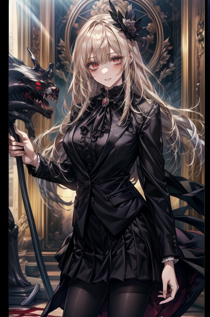 ((Highest quality)), ((masterpiece)), (detailed), (Character Focus、breast focus), (One Girl: 1.5)、4K、((左右対称のface立ち)), Anime 2D Rendering, Realistic young anime woman,
完璧なface, (アニメのeye:1.2、Beautiful details、輝くeye), Beautiful body, Beautiful thighs, Beautiful legs, (美しい白いskin:1.5)、Perfect round ass、 Slightly larger breasts、20-year-old、
blonde、(風通しの良いLong Hair、Both sides up)、濃い青いeye、
(((Three-piece suit))), (White Collar Dress Shirt), black suit vest:1.4, (((Suit jacket)))、(Black Shiny Pencil Miniskirt:1.4)、(Black Pantyhose:1.4)、(Black high heels)、
魅惑的な笑face、turn around、Crazy Smile, 狂ったeye, A cute and luxurious hair band,(masterpiece:1.2, Highest quality), (Actual Photos, Intricate details), Scary atmosphere、Distorted facial expressions、Horror Art、Bloodの雨、Bloodを流す、Bloodしぶき、悪魔のeye、redいeye、scar、、火scar、whole body、Torn hair of a woman dressed in slave clothing、(Long Hair)、(eyeにかかる長さの前髪)、Black Hair、(((eyeの下のクマ)))、青白いskin、Feeling unwell、Pathological、邪悪な笑face、狂ったeye、(Grin)Dramatic makeup,Create mixed media art、,Horror 1 Girl, Open_mouth, , red_eye, Blood, Tilt_red_skin, Injury, Blood_in addition_face, Bandaged_arm, Blood_in addition_zombie, Blood_in addition_hand , Open your eyelids wide, The trend is all, mouthを大きくOpen, mouthを開けてteethをむき出しにする,獣のような鋭いteeth, Wide lips, 非常に広いmouth, Vermilion cheeks, blonde, Princess Cut, Ribbon hair ornament, brooch, Otaku Room, Well-built body, Nice body, Ample breasts, Thick body,eyeを大きく開いて、Scary atmosphere、Distorted facial expressions、ねじれた笑face、Bloodまみれの、頭からの出Blood、Bloodしぶき、whole body、Long Hair、Long bangs、Well-built,Broad shoulders,I focus,(face),Messy Hair,いeye,(光るeye),(Bloodしぶき:1.6),red信号,笑face,big 笑face,teeth,psycho 笑face,gesugao,Dark city background,darkness,night,(close),良いeye, 良いteeth,サディスティックな笑face,,all,光沢のあるskin,detailedなface,Beautiful body, whole bodyから湯気が出ている Steam like a sauna room fills the screen... mouthからの白い息 Luxurious lace long gloves