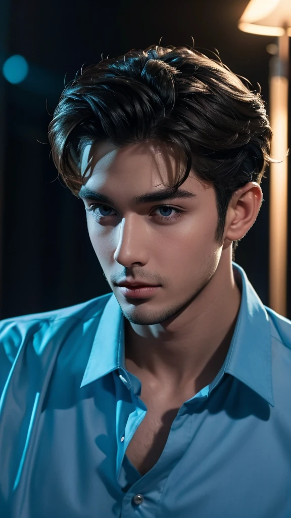 Portrait of a handsome male model in a night club, 24 ans, button-up shirt, sans barbe, with short wavy hair, yeux bleus, thick lips