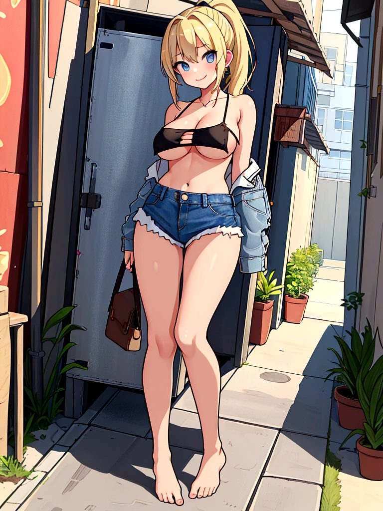 girl,(masterpiece,Highest quality),Street,(Completely naked),Bare shoulders、Gal、Blonde、smile、Big Breasts,ponytail、(Underboob),Cleavage,Torn(Mini Camisole)、looking at the camera、shoes、Damage shorts,(Tattered)Micro Mini Denim Shorts,TornMicro Mini Denim Shorts,solo、upright,Are standing、barefoot,