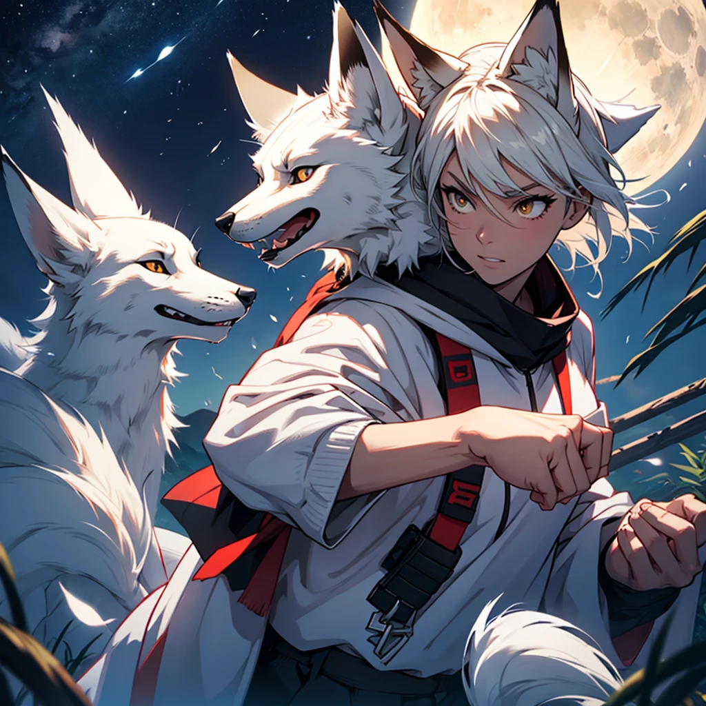 Moonlit night, A white fox with nine tails runs, Active fox behavior, angry fox