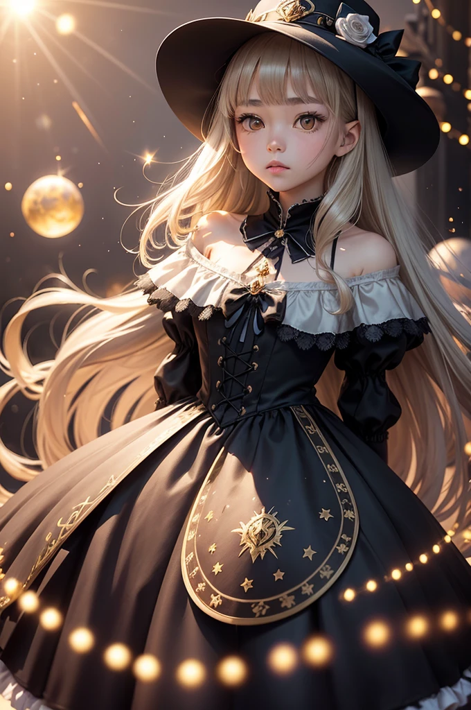 1 girl, expressionless, Japanese face, 16 years old, cute girl, have one's hair cut in a row and Hide your forehead with bangs and hairstyle with the bangs cut in half and Beautiful straight light gray long hair, beautiful yellow and golden eyes, thin body, No muscles, Roses and Camellia, Moonlight and Castle, wizard, Big magic wand, gothic skirt, magical girl, little Medieval Dress, Princess Dresses, Big black hat, light particles, light sparkles, lens flare, Light particles, Magic light, strong light