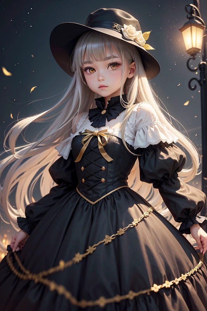 1 girl, expressionless, Japanese face, 16 years old, cute girl, have one's hair cut in a row and Hide your forehead with bangs and hairstyle with the bangs cut in half and Beautiful straight light gray long hair, beautiful yellow and golden eyes, thin body, No muscles, Roses and Camellia, Moonlight and Castle, wizard, Big magic wand, gothic skirt, magical girl, little Medieval Dress, Princess Dresses, Big black hat, light particles, light sparkles, lens flare, Light particles, Magic light, strong light