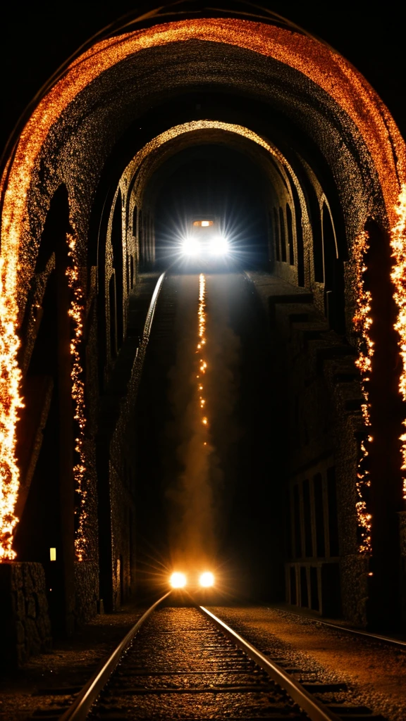 Raining fire, war, dark tunnel with trains and meteor falling