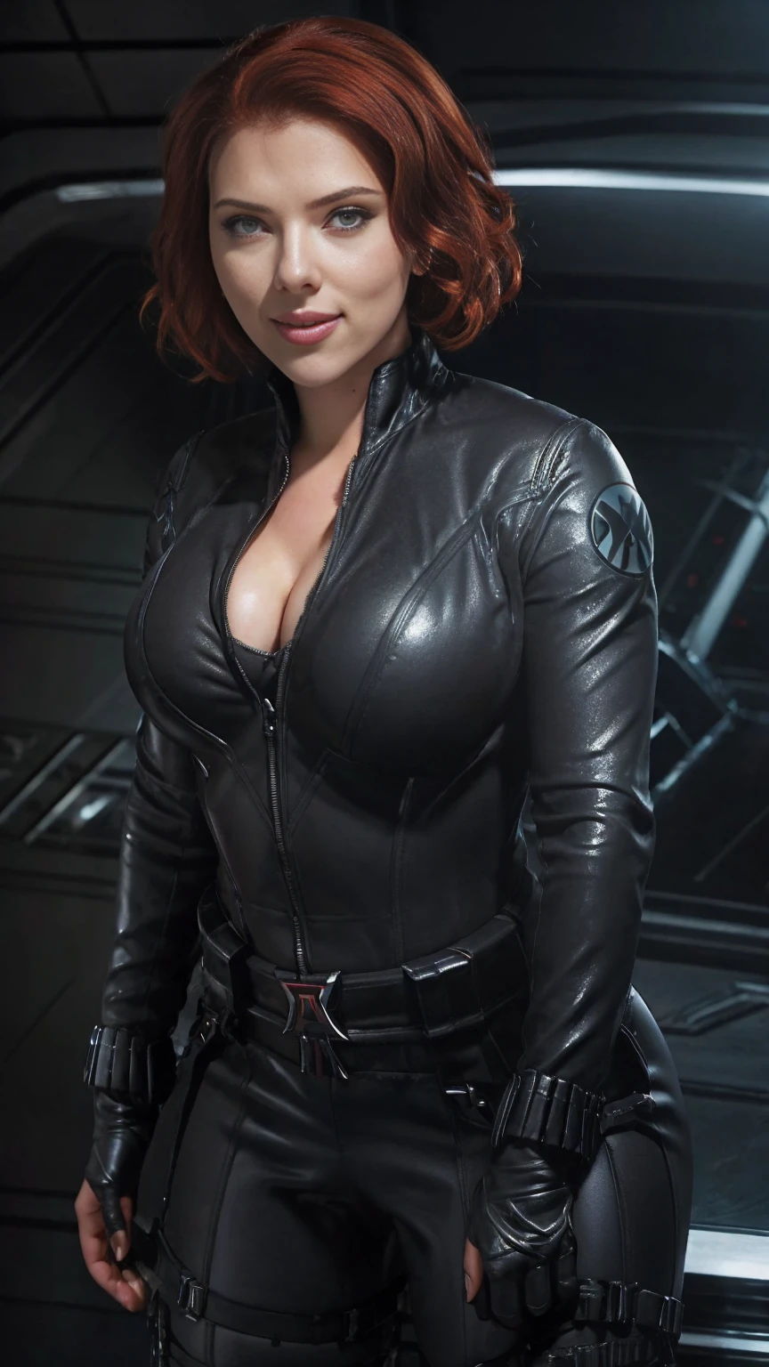 Scarlett Johansson black widow bob hairstyle, red hair color, big breasts kate upton, bright makeup eyelashes, plump lips smile, mascara on eyes. In black shiny spandex.in a latex bra