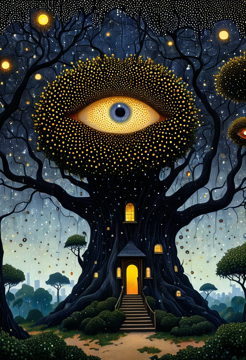 Georges Seurat:Strange illustration,Pointillism method,Trypophobia,Building on tree tops,Eye,unrealistic,Strong visual impact,black background,Star, atmosphere
