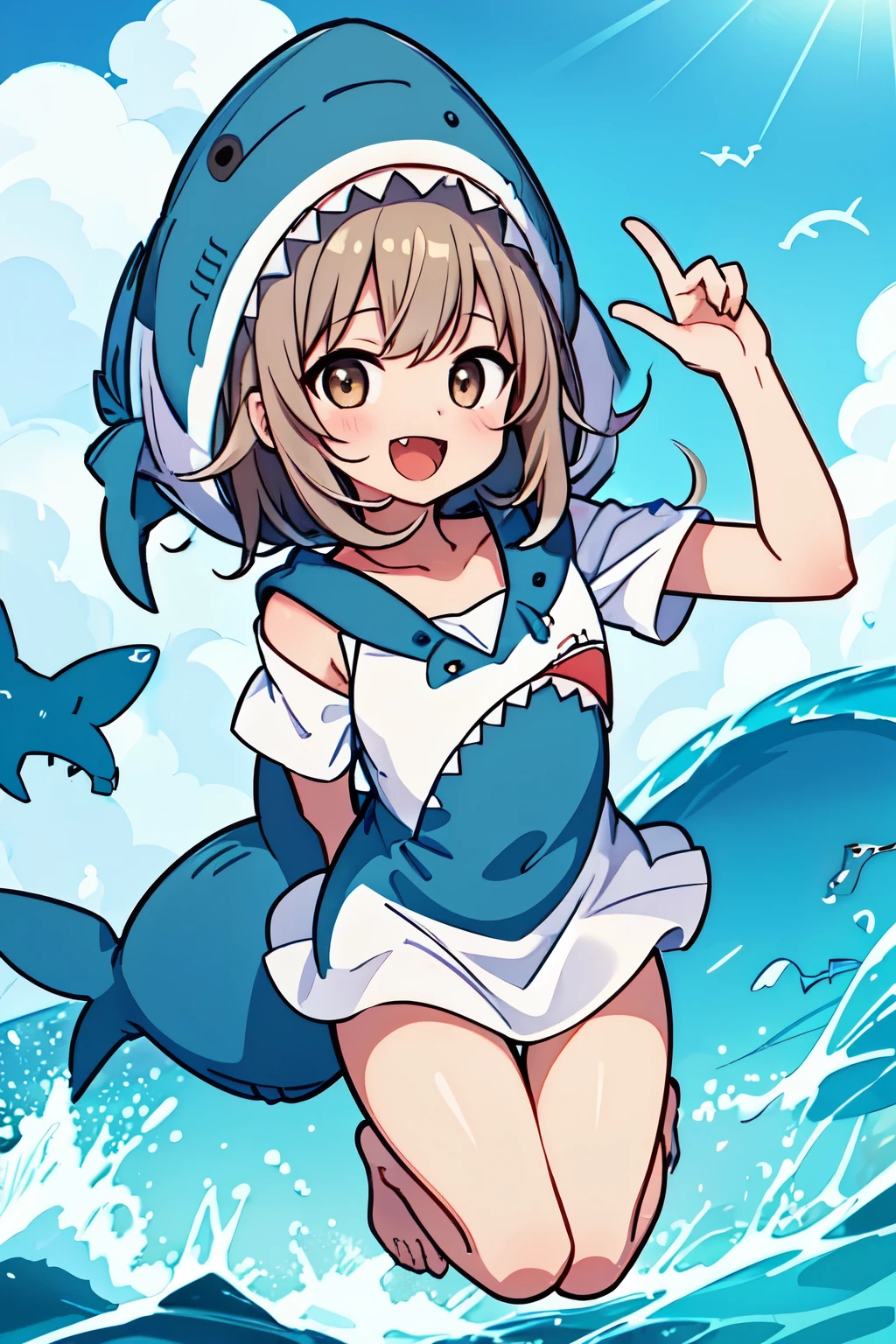 (Chiaki), uhd, high quality, high details, 1 Girl, solo, (Shark costume:1.4), Seaside, Sandy Beach, Wave, sun, Jump, smile, Waveしぶき, Light tones, Reflection of light, summer