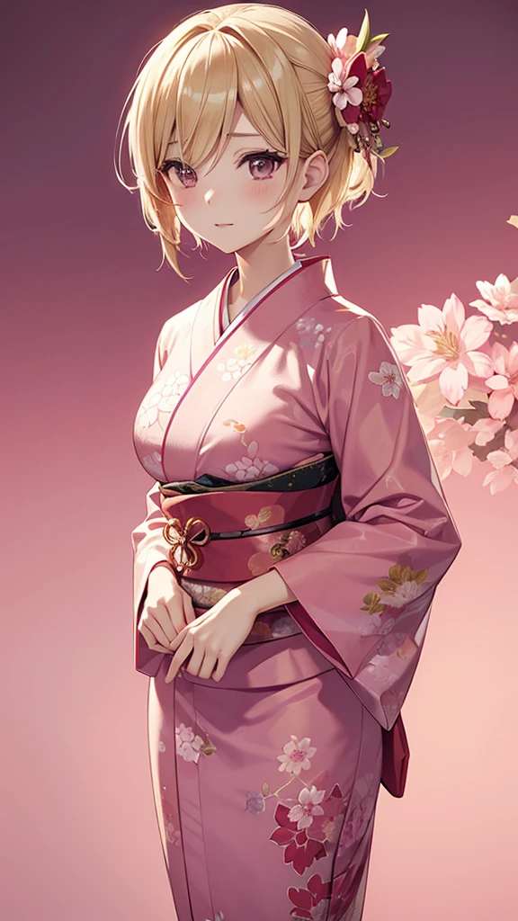 Rosalina、Blonde Pixie Cut、A woman wearing a kimono, Pink furisode with red floral pattern,Tight waist、Dark bedroom、Cool look、Landscape、Pale pink background