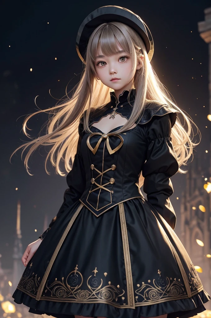 1 girl, expressionless, Japanese face, 16 years old, cute girl, have one's hair cut in a row and Hide your forehead with bangs and hairstyle with the bangs cut in half and Beautiful straight light gray long hair, beautiful yellow and golden eyes, thin body, No muscles, Roses and Camellia, Moonlight and Castle, wizard, Big magic wand, gothic skirt, magical girl, little Medieval Dress, Princess Dresses, Big black hat, light particles, light sparkles, lens flare, Light particles, Magic light, strong light