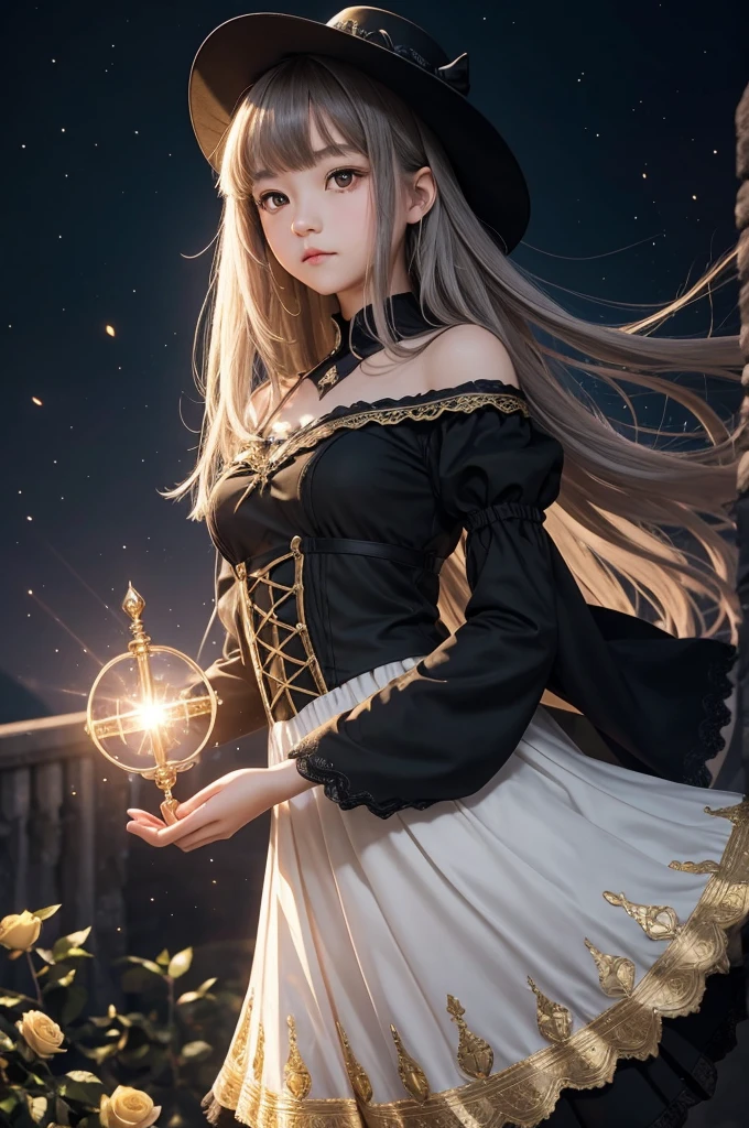 1 girl, expressionless, Japanese face, 16 years old, cute girl, have one's hair cut in a row and Hide your forehead with bangs and hairstyle with the bangs cut in half and Beautiful straight light gray long hair, beautiful yellow and golden eyes, thin body, No muscles, Roses and Camellia, Moonlight and Castle, wizard, Big magic wand, gothic skirt, magical girl, little Medieval Dress, Princess Dresses, Big black hat, light particles, light sparkles, lens flare, Light particles, Magic light, strong light