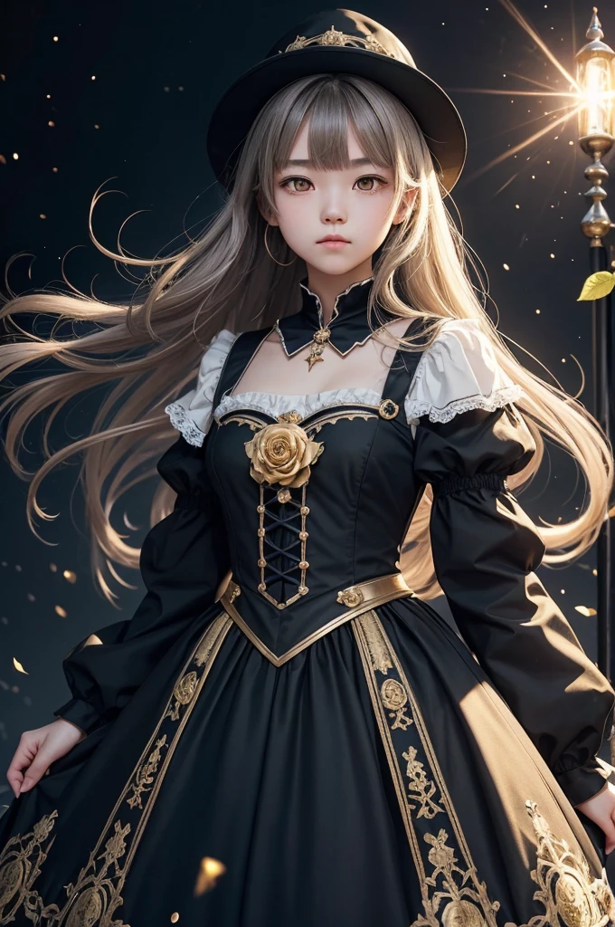 1 girl, expressionless, Japanese face, 16 years old, cute girl, have one's hair cut in a row and Hide your forehead with bangs and hairstyle with the bangs cut in half and Beautiful straight light gray long hair, beautiful yellow and golden eyes, thin body, No muscles, Roses and Camellia, Moonlight and Castle, wizard, Big magic wand, gothic skirt, magical girl, little Medieval Dress, Princess Dresses, Big black hat, light particles, light sparkles, lens flare, Light particles, Magic light, strong light