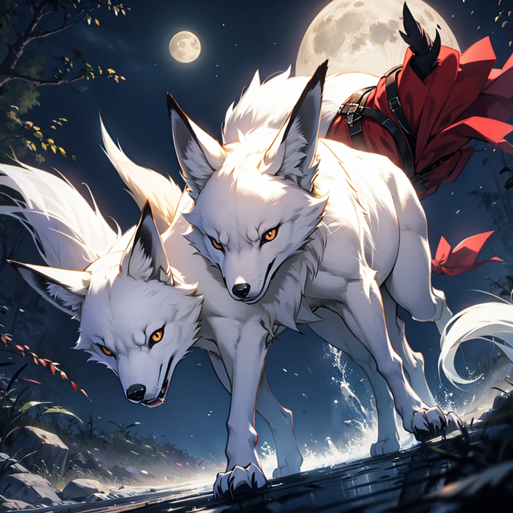 Moonlit night, A white fox with nine tails runs, Active fox behavior, angry fox