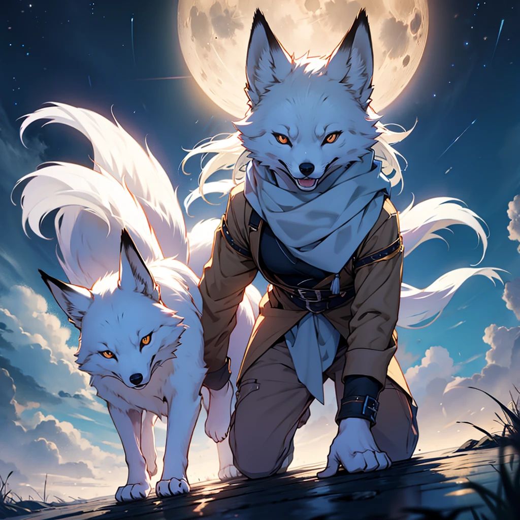 Moonlit night, A white fox with nine tails runs, Active fox behavior, angry fox