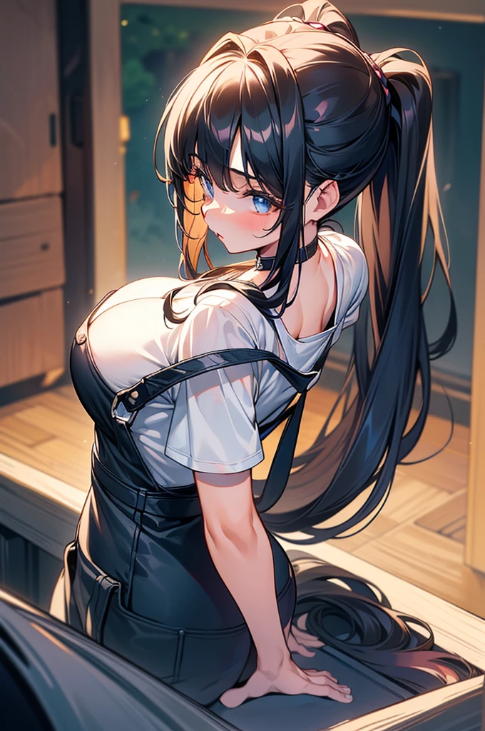 20 years old,1 girl, extremely thick thighs, hyperrealistic, 8k, (extremely detailed 8k), (very delicate and beautiful), (masterpiece), (better quality:1.0), (ultra high resolution:1.0), (masterpiece, best quality), cute,black hair,big breasts,leaning forward,ponytail,upper body,POV,breast hold,overalls,bust shot