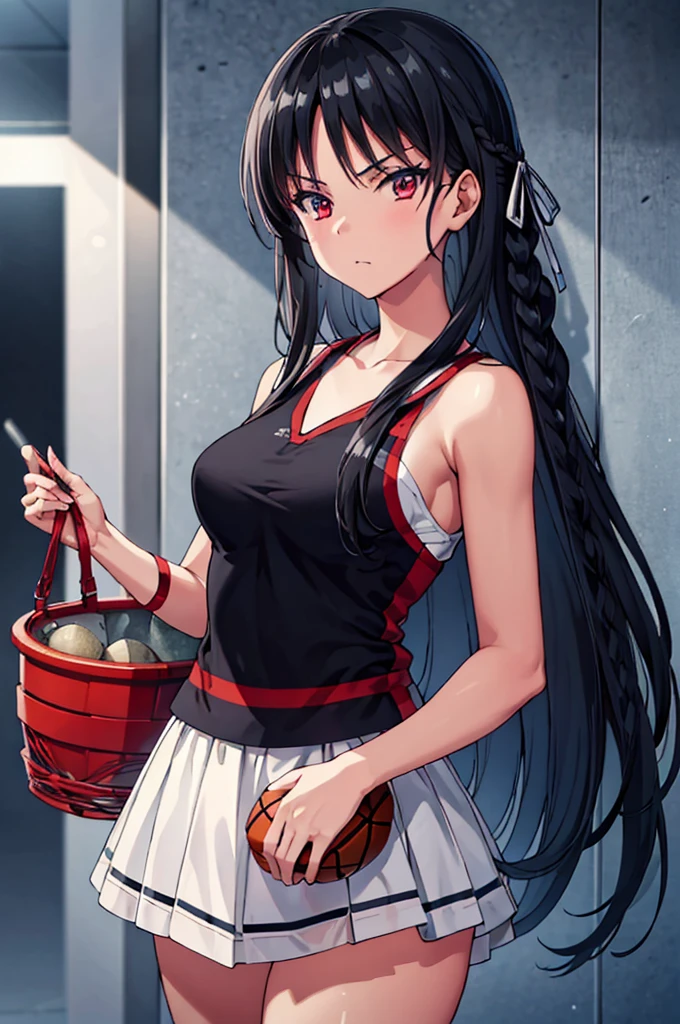 (masterpiece:1.3), (best quality:1.1), (8k, ultra detailed, ultra high res:1.2), ((anime style)), perfect 5 fingers, perfect anatomy, 
1girl,
BREAK long hair, braid, 
black hair, 
red eyes, 
(medium breasts:0.9), 
basketball wear, 
looking at viewer, cowboy shot, 
perfect light, 
(detailed background:1.2), inside, indoors, Basket, 