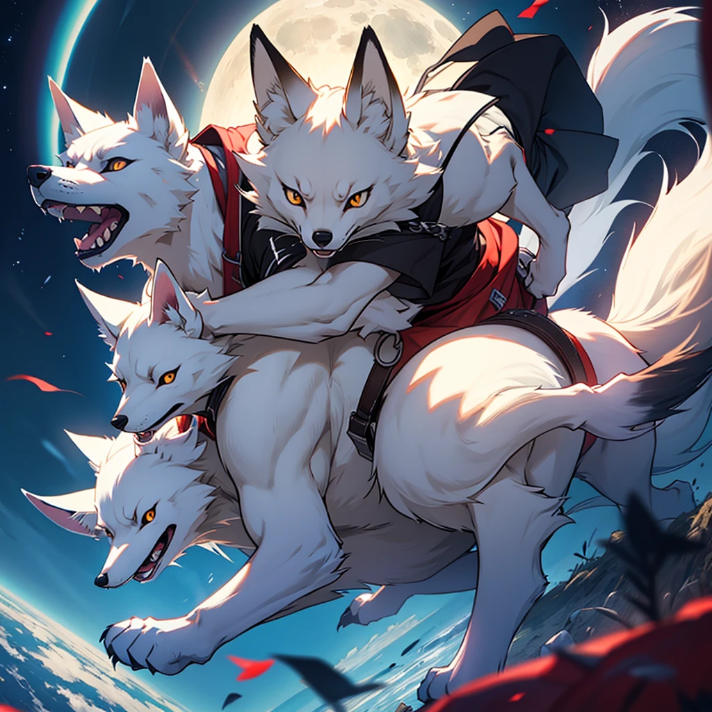 Moonlit night, A white fox with nine tails runs, Active fox behavior, angry fox