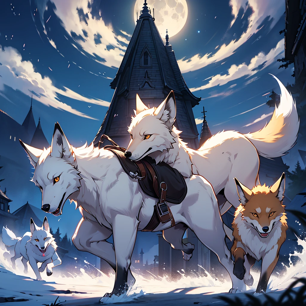 Moonlit night, A white fox with nine tails runs, Active fox behavior, angry fox