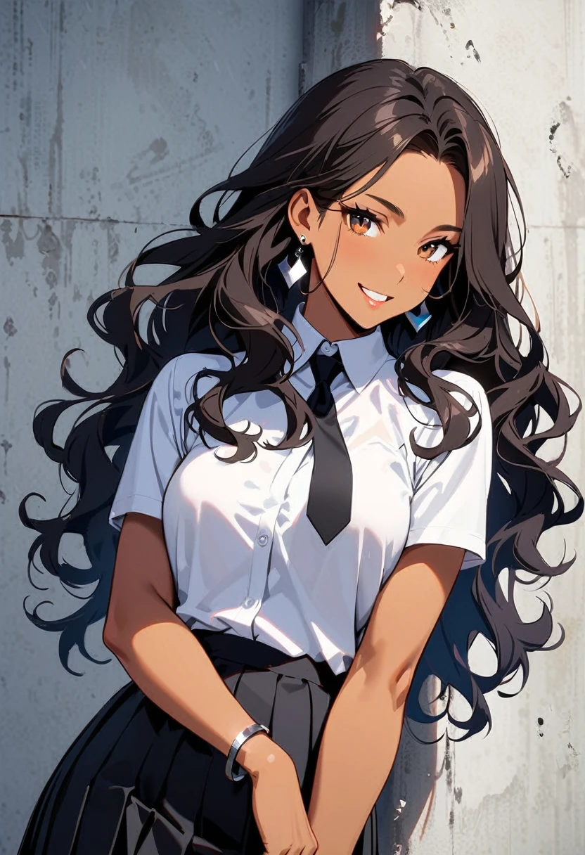 a woman, 19-years-old, solo, mature face, average height, tan skin, (long black wavy hair that's parted in the middle, no bangs:1.2), brown eyes, playful smile, white blouse, black necktie, small silver earrings, black high-waisted skirt, pleated skirt, silver bracelet, black nail polish, playfully biting finger, concrete background, indoors, leaning back against concrete pillar