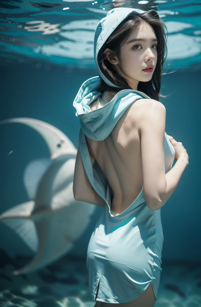 (((best quality))),(((ultra detailed))),(((masterpiece))),illustration,(1 beautiful girl,shark girl,solo),((slim,thin)),((bare back,towering hips,butt crack)),aquarium,summer night,(sleek sharkhead-hooded shirt-dress:1.3),shimmering hues,enchanting aura,(shoulder length straight bob hair:1.2),ocean-blue locks,shiny seaweed,porcelain skin,neon lights,emerald eyes,sharp gaze,delicate shark fin,translucent membrane,dancing fish,vibrant colors,undulating water,salty scent,distant waves,coral reef,gentle shadows,serene ambiance,electric atmosphere,Alezandra,oceanic magic,allure,enchantment,vision,extraordinary presence,((from back,upper body))