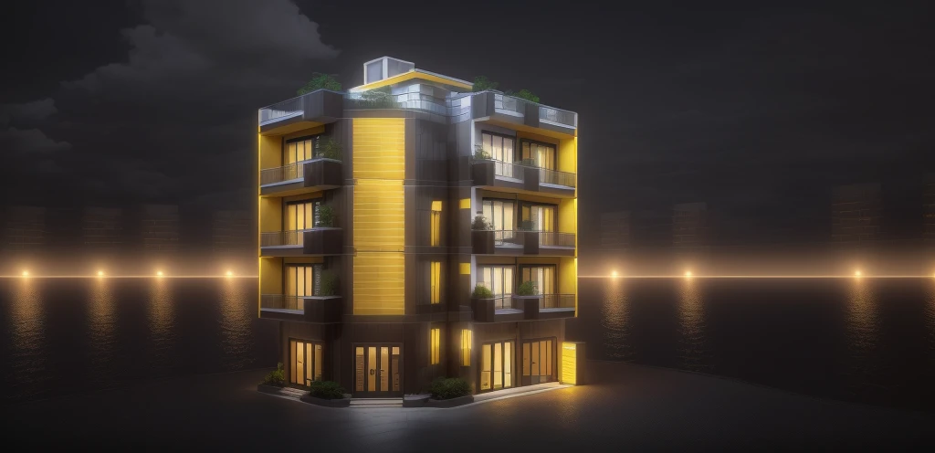 Townhouse in the city, daylight, bright yellow light, (sharp focus) modern style townhouse facade, Vietnamese architecture, complementary colors, bright yellow light, no hot air, High resolution, super detail, 8k, hdr, ,vray render, surreal, exterior design, professional photography, exterior photography, wide angle shot, super detail, interior location Real world furniture, signs, cityscapes, sidewalks, vehicles on the ground, cloudy sky. Doors and windows are manufactured by Xingfa. Bancony has many trees, ivy and palm trees. black iron frame. Wooden ceiling, ceiling lights, black iron gate, iron railing, black stone fence, street with sidewalk