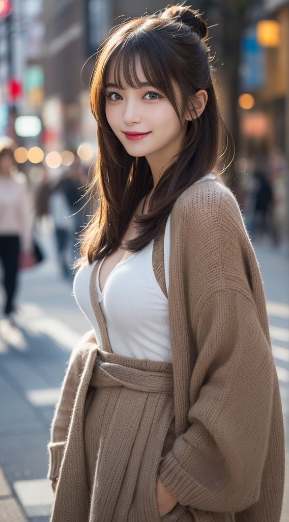 masutepiece, Best Quality, Illustration, Ultra-detailed, finely detail, hight resolution, 8K Wallpaper, Perfect dynamic composition, Beautiful detailed eyes, Trendy Women's Fashion Winter Clothes,Bun hair,Small breasts natural color lip, sexypose,Smile,Harajuku、20 years girl、Cute、is looking at the camera