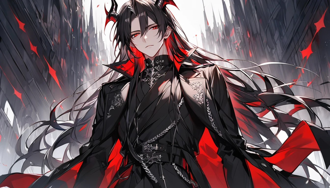 alone, good looking, 1 male, Long hair, Middle parted, Black hair, Red eyes, Black shirt, White Thailand, Black Trench Coat, Royal Silver Jewellery, Royal Demon Earrings, Black horns, Demon Crown, Demonic Katana, Sheathed