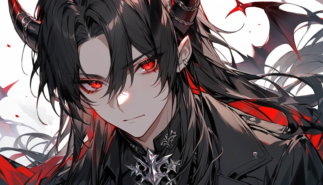 alone, good looking, 1 male, Long hair, Middle parted, Black hair, Red eyes, Black shirt, White Thailand, Black Trench Coat, Black horns, Demon Crown