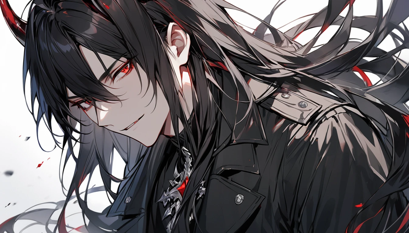 alone, good looking, 1 male, Long hair, Middle parted, Black hair, Red eyes, Black shirt, White Thailand, Black Trench Coat, Black horns, Demon Crown