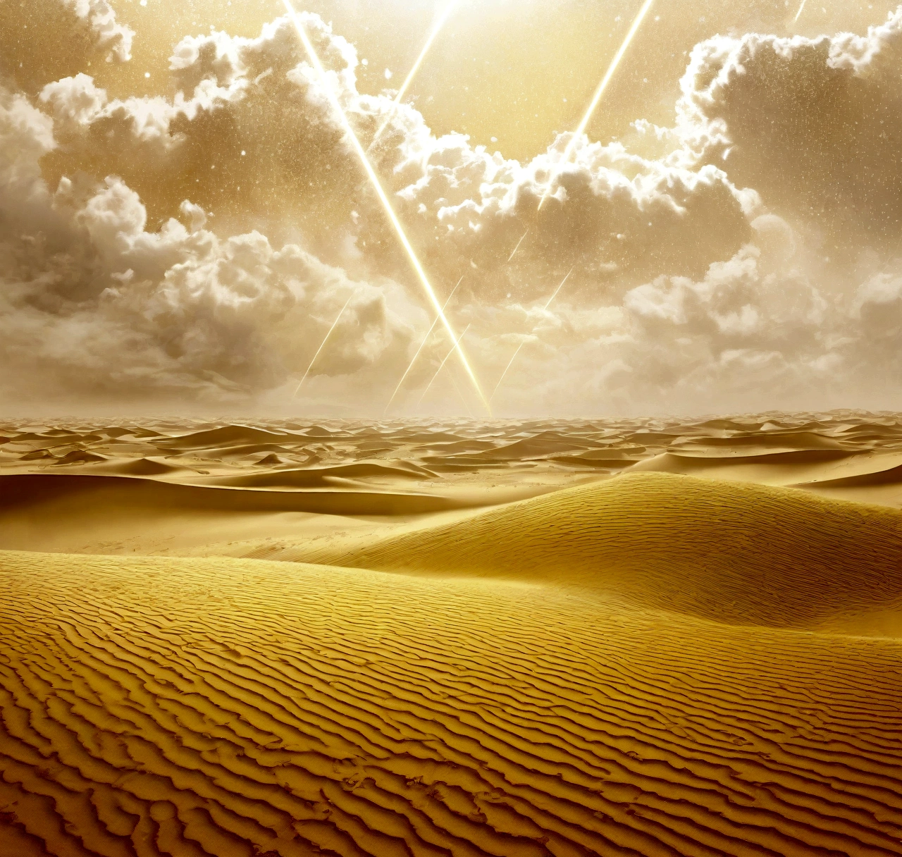 In the empty desert,Laser beams penetrate clouds and reach the sea,There are many golden particles floating in the air.,mysterious atmosphere,Fuzzy abstract future aesthetic minimalism, simple drawing, dyeing